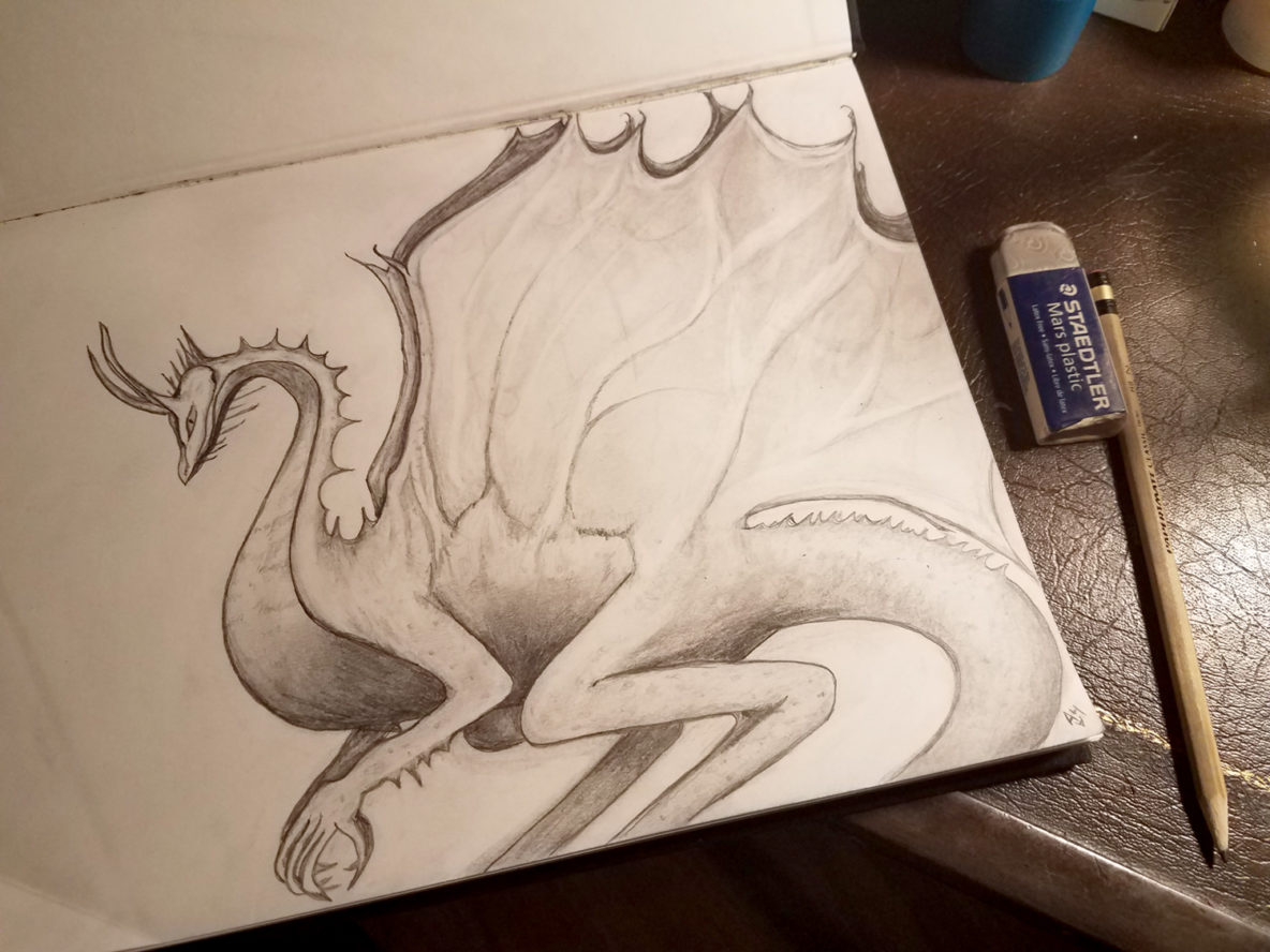 A pencil sketch of a dragon in profile. It has a small head with long horns, many sharp scales and protrusions down its neck, long thin legs, and bat-like wings.