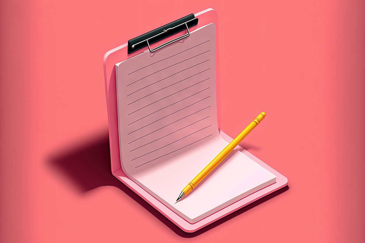 Illustration of a clipboard and pencil with a notepad icon on a pink backdrop. Generative AI